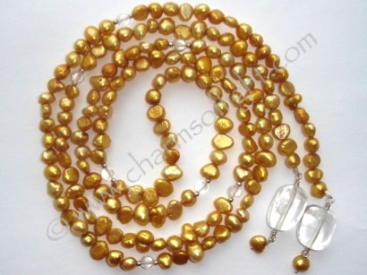 Gold Pearl & Clear Quartz Lariat Necklace